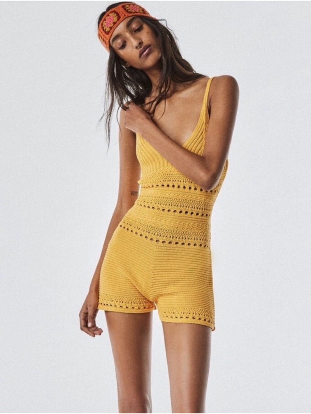 Zara Mustard Yellow Crochet Romper Women’s Large Boho Beach Vacation Cover Up